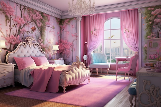 Luxe slaapkamer bloemen barbiecore interieur Roze meubels levendige kleuren Generatieve AI