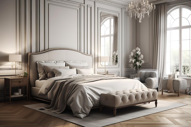 Luxe slaapkamer in lichte kleuren met gouden meubeldetails Groot comfortabel tweepersoons royal bed in elegant klassiek interieur Generative AI