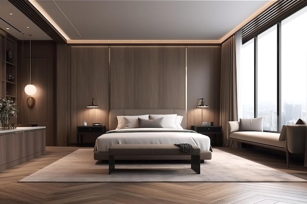 Luxe slaapkamer in lichte kleuren met gouden meubeldetails Groot comfortabel tweepersoons royal bed in elegant klassiek interieur Generative AI