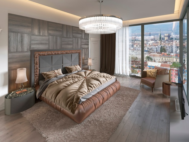 Luxe slaapkamer interieur met stoffen bed, dressoir en nachtkastjes. 3D-rendering