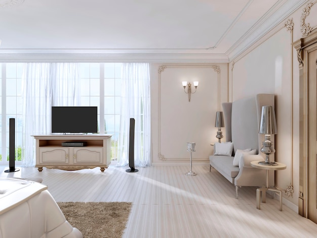 Luxe slaapkamer met een grote bank en tv-meubel door het grote raam. 3D render.