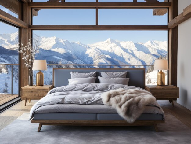 Luxe slaapkamer met uitzicht op de bergen elegante meubels Winter retreat concept Generatieve AI