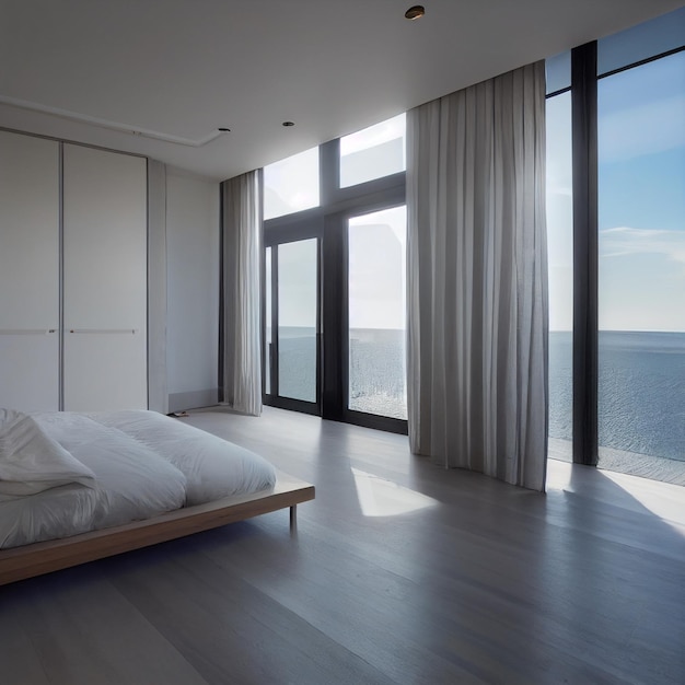 Luxe slaapkamer of hotelkamer met uitzicht op zee