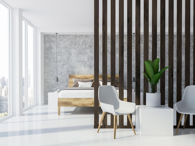 Luxe slaapkamerinterieur met betonnen en houten muren, een witte vloer en een kingsize bed. Scandinavische stijl. 3D-rendering mock-up