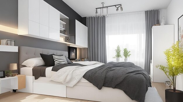 Luxe slaapkamerinterieur met rijk meubilair en schilderachtig uitzicht vanaf stakingsdek