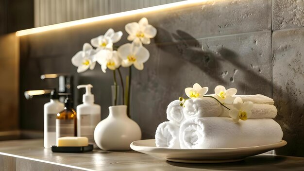 Foto luxe spa in een hotelkamer met producten voor massagetherapie concept spa setting hotelkamer massageproducten luxe ervaring
