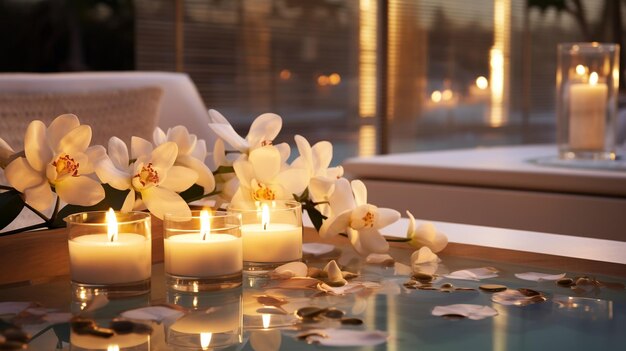 Foto luxe spa met zwembad kaarsenmagnolia bloemen gezellige massage salon