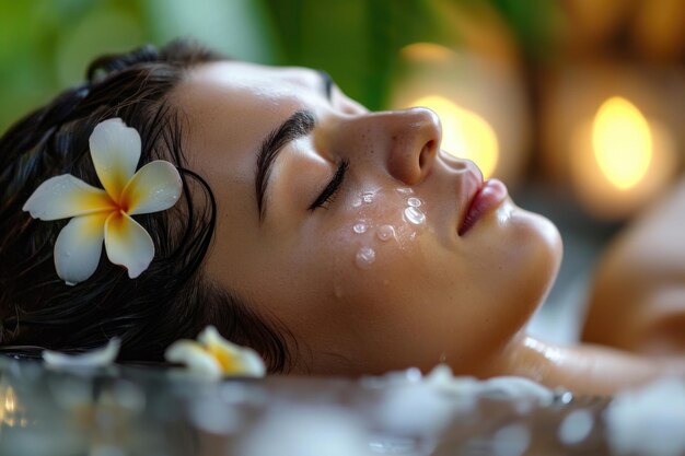 Luxe spa-ontspanningsdame met bloemensfeerverlichting