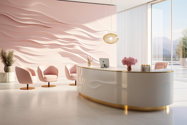 Luxe stijl roze schoonheidssalon kliniek of winkelinterieur met witte receptie en fauteuils