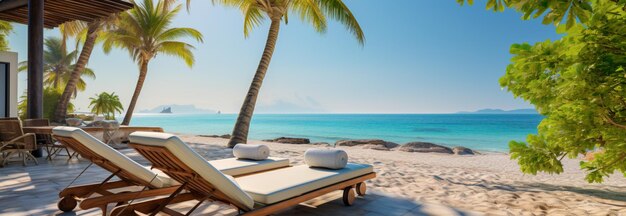 Luxe stoelen aan het strand, palmbomen en een serene zee in de zomer.