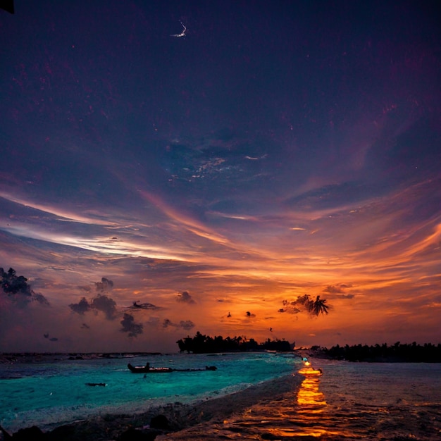 Luxe strand op de malediven met geiten en glazen wijn met epische midjourney-kunst bij zonsondergang