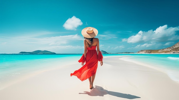 Luxe strandvakantie elegante toeriste vrouw loopt ontspannend in rode strandkleding en zonnekap op wit zand Caribisch strand Vrouwelijke toeriste op vakantie vakantieoord