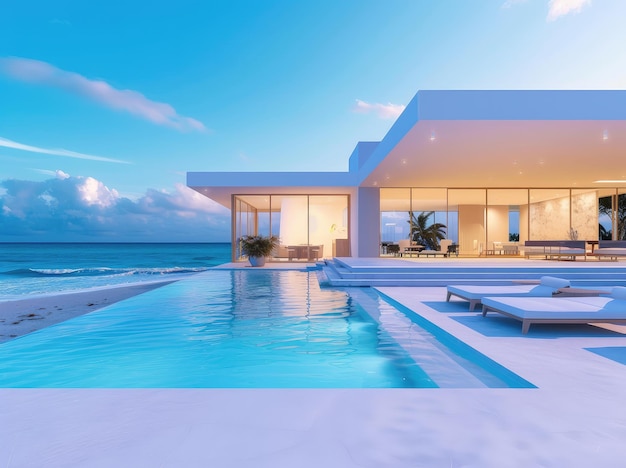 Luxe strandvilla met infinity zwembad bij zonsondergang