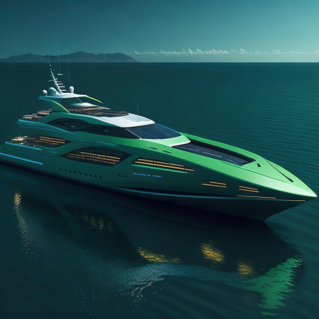 Luxe super groene jacht met modern ontwerp op de oceaan met zonsondergang