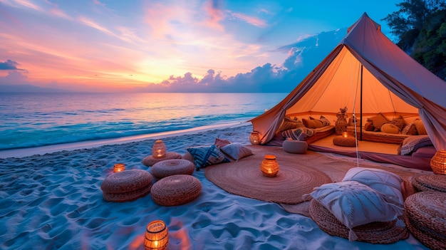 Luxe tent bij de kust zonsondergang romantiek op het strand ontspannen bij de oceaan