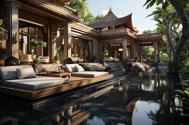 luxe Thaise houten villa met een eigen overloopzwembad dat uitkijkt op het aangrenzende rijstveld