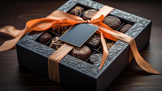 Luxe verpakking chocoladedoosjes met satijn lint op een donkere achtergrond Assortiment assortiment