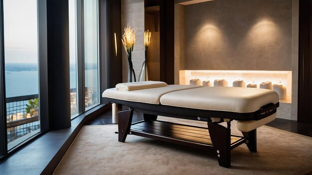 Foto luxe verwarmde massage tafel in een rustige spa omgeving