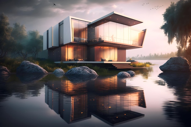 Luxe villa aan rivier of meer bij zonsondergang buitenkant van modern huis op rotsachtige kust generatieve AI