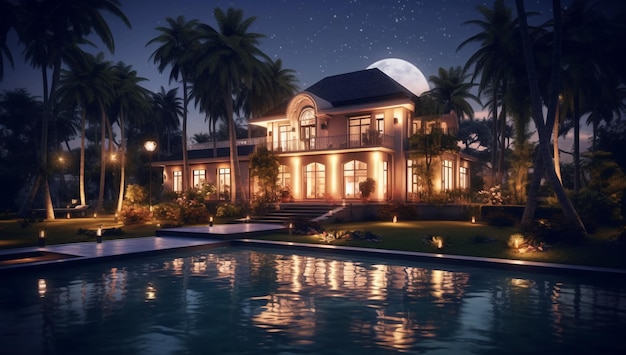Luxe villa 's nachts met zwembad en palmbomen met AI gegenereerd