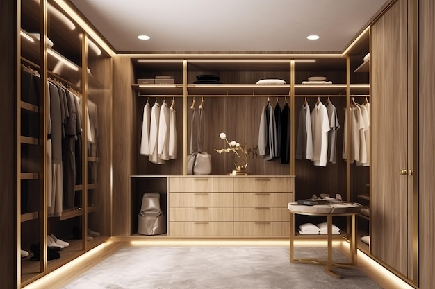 Luxe walk in closet interieur met houten en gouden elementen