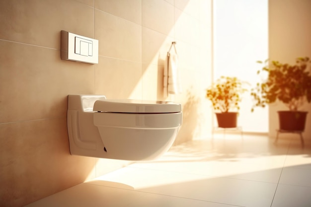 Luxe Wall Hung Toilet Bowl met Perfect for Modern Bathroom met Bidet Tissue Paper Holder en White Bathtub op Granite Tile Floor in Sunlight Ai Generated
