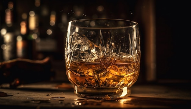 Luxe whiskyglas weerspiegelt gouden feestviering gegenereerd door AI