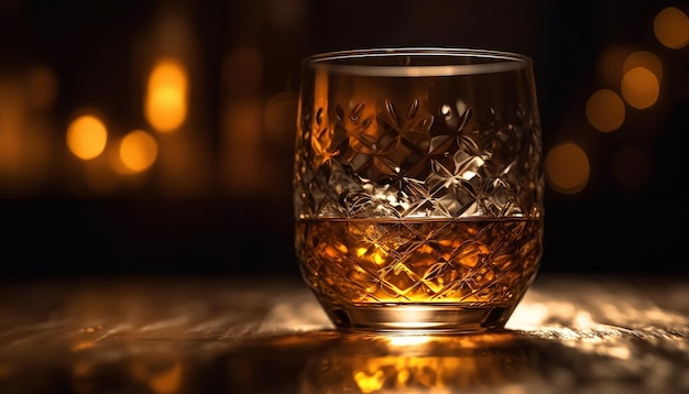 Luxe whiskyviering donkere vloeistof in gouden cognacglas gegenereerd door AI