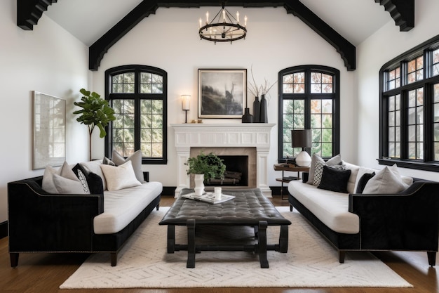Luxe witte en zwarte Tudor stijl woonkamer
