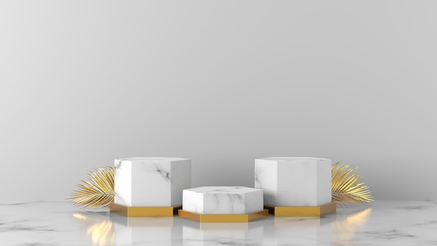 Luxe witte marmeren doos showcase podium en gouden palmbladeren op witte achtergrond