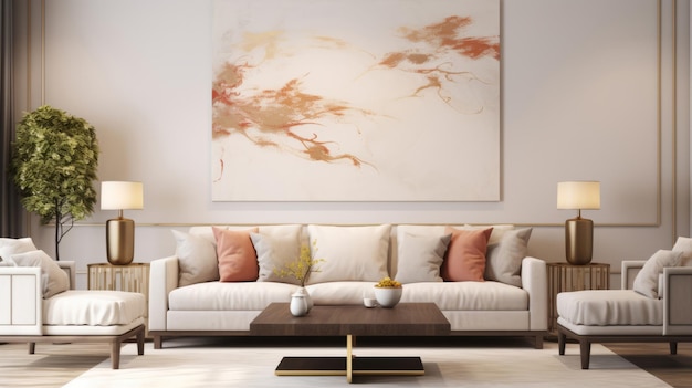 Luxe woonkamer interieur beige muren moderne loungeset en abstracte kunst op de achtergrond