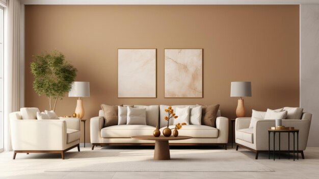 Luxe woonkamer interieur bruine muren moderne loungeset en abstracte kunst op de achtergrond
