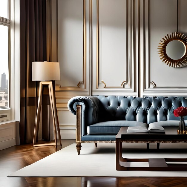 Luxe woonkamer interieur met een blauwe bank en tafel