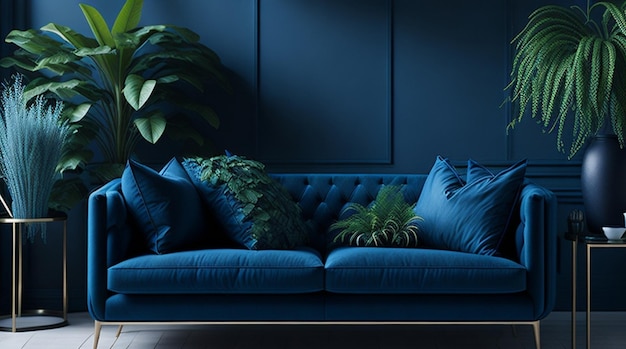 Luxe woonkamer met blauwe bankplanten en tafel op lege muurzoomachtergrond