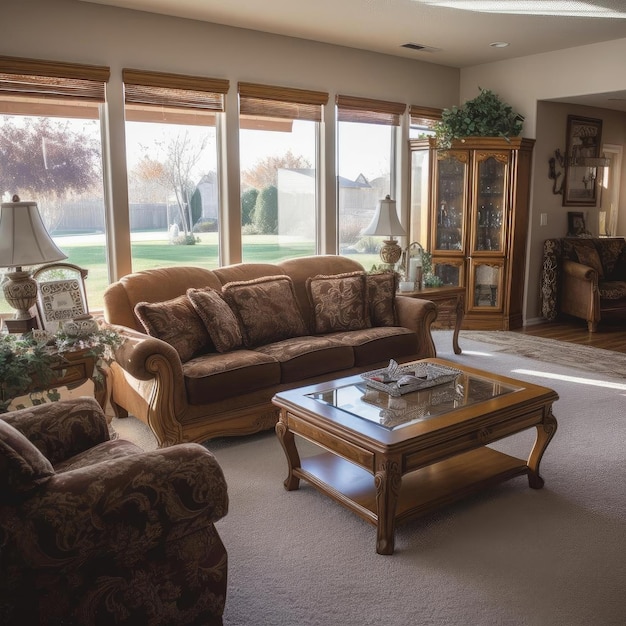 Luxe woonkamer met bruine leren bank en houten salontafel