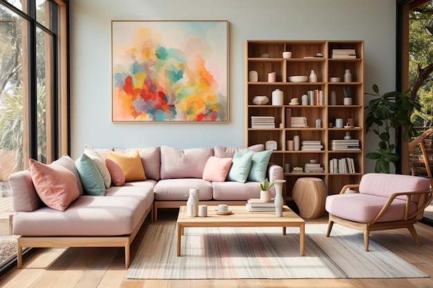 Luxe woonkamer met comfortabel meubilair interieur achtergrond Generatieve AI