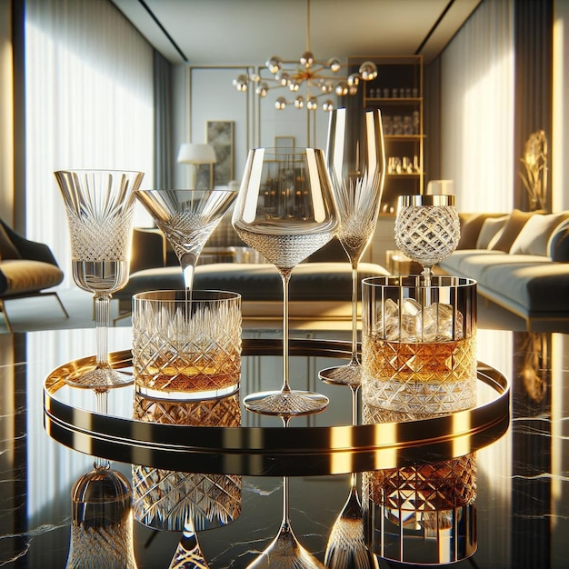 Foto luxe woonkamer met elegant glas op een marmeren tafel.