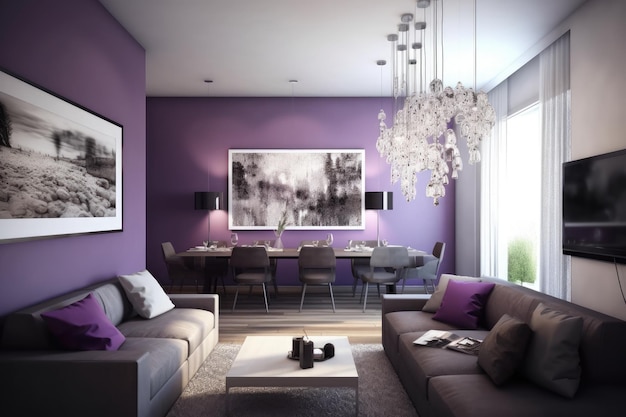 Luxe woonkamer met elegant meubilair en een grote kroonluchter Generative AI