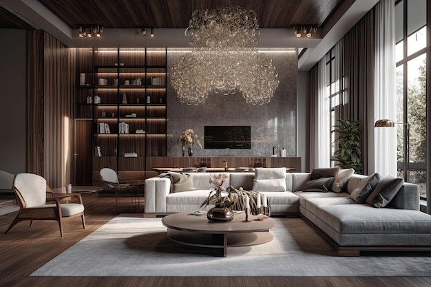 Luxe woonkamer met elegant meubilair en een sprankelende kroonluchter Generative AI