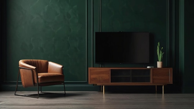 Foto luxe woonkamer met fauteuil, tv en groene muur.