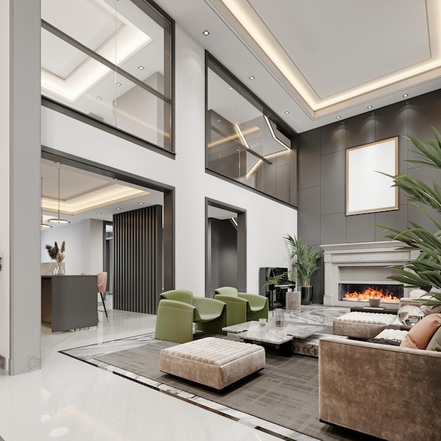 Luxe woonkamer met hoge plafonds en grote raampartijen en een tweede verdieping met kleurrijke design gestoffeerde meubelen in groen en wit 3d rendering