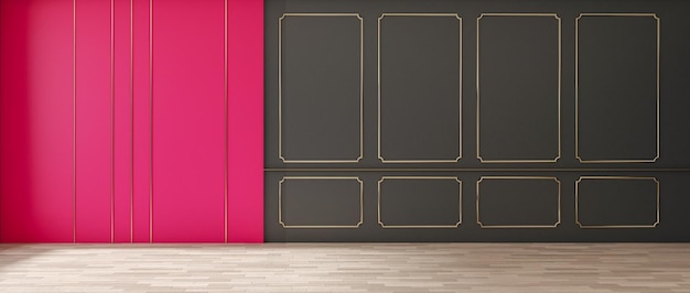 Luxe woonkamer met houten parketvloer zwart en muur in viva magenta 2023 kleur versierd met gouden rand Lege ruimte voor kunstwerk of foto moderne kamer decoratie ontwerp 3D rendering