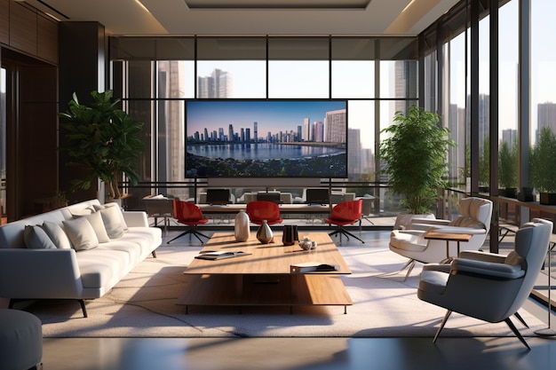 Luxe woonkamer met panoramisch uitzicht op de stad 3D Rendering