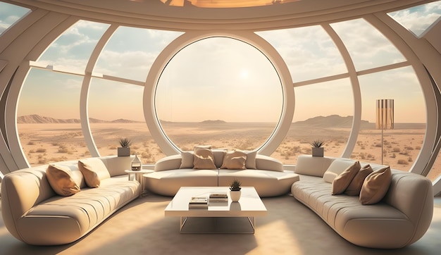 Luxe woonkamer op een ruimteschip uitzicht op de aarde en de sterren voorbij generatieve ai