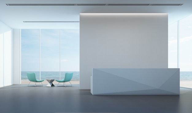 Luxe zeezicht lobby met witte muur in modern kantoor.
