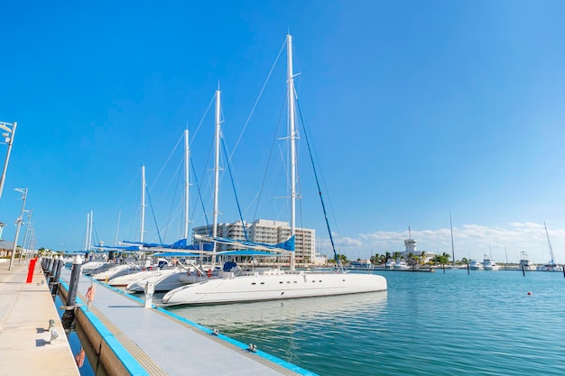 Luxe zeil- en motorjachten catamarans Cruiseschepen recreatieboten voor anker in de zeehaven