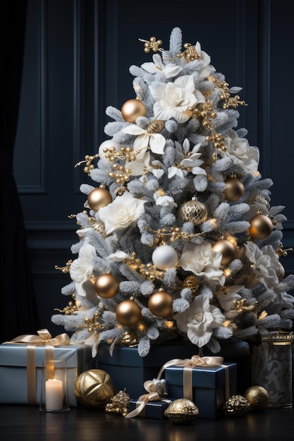 Foto luxe zilveren kerstboom met cadeau dozen stijlvol nieuwjaarsinterieur