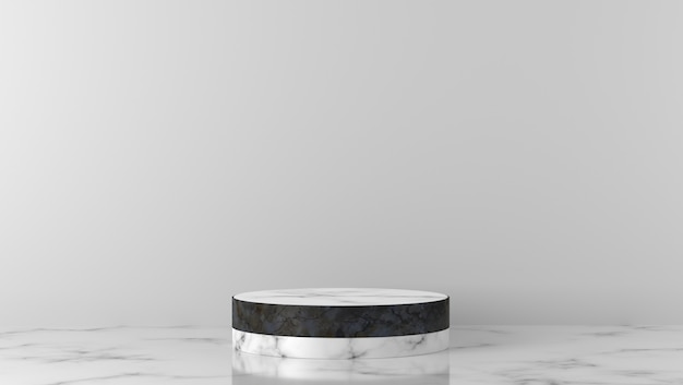 luxe zwart-wit marmeren cilinderpodium op witte achtergrond.