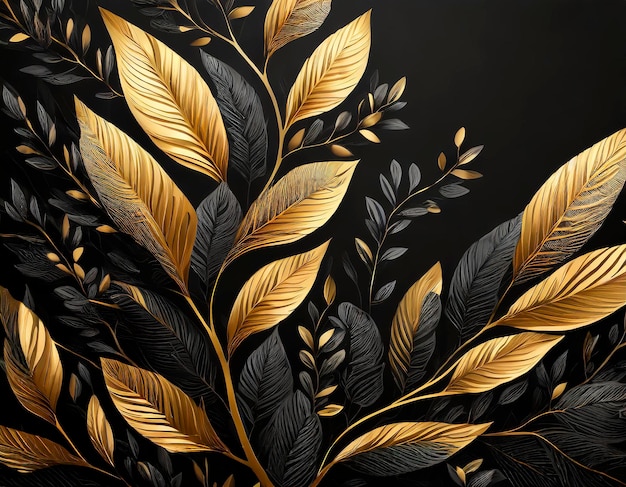 Luxe zwarte achtergrond met gouden bladeren en glitter