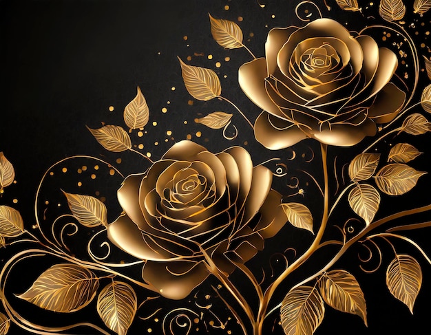 Luxe zwarte achtergrond met gouden roosbloemen en glitter